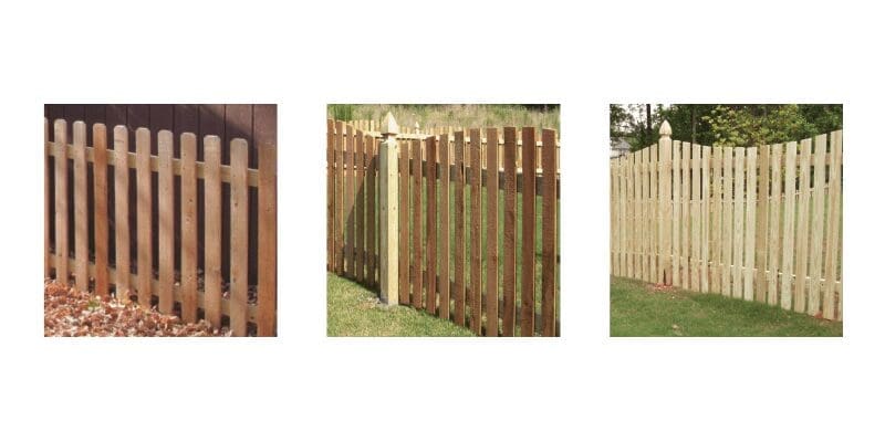 Three different types of wooden fences in a field.